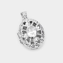 Load image into Gallery viewer, Silver CZ Oval Accented Filigree Metal Locket Pendant
