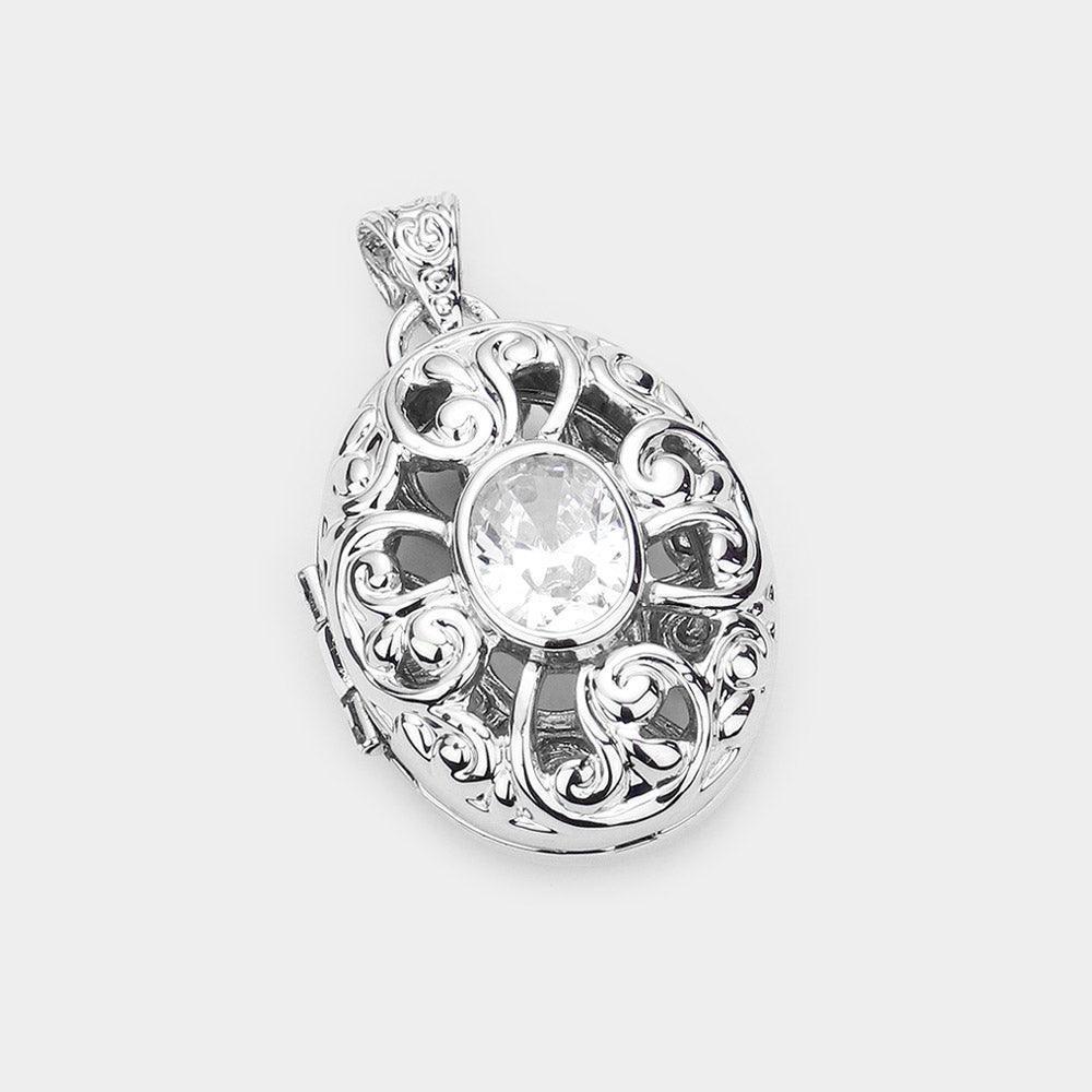 Silver CZ Oval Accented Filigree Metal Locket Pendant