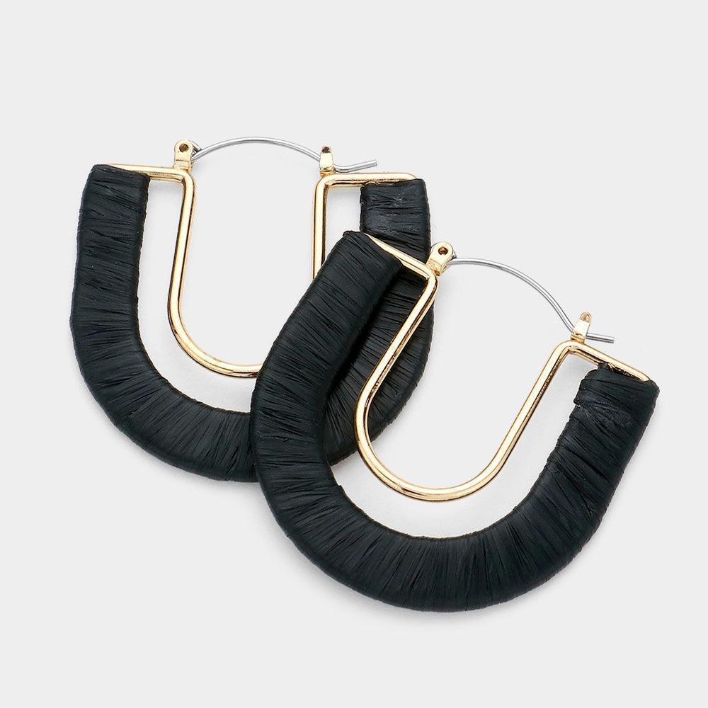 Black Raffia Wrapped U Shape Pin Catch Earrings - Jewelry Store by Erik Rayo