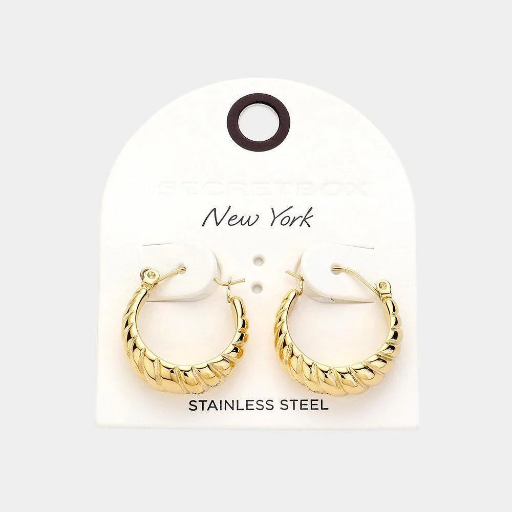 Gold Textured Stainless Steel Hoop Pin Catch Earrings - Jewelry Store by Erik Rayo