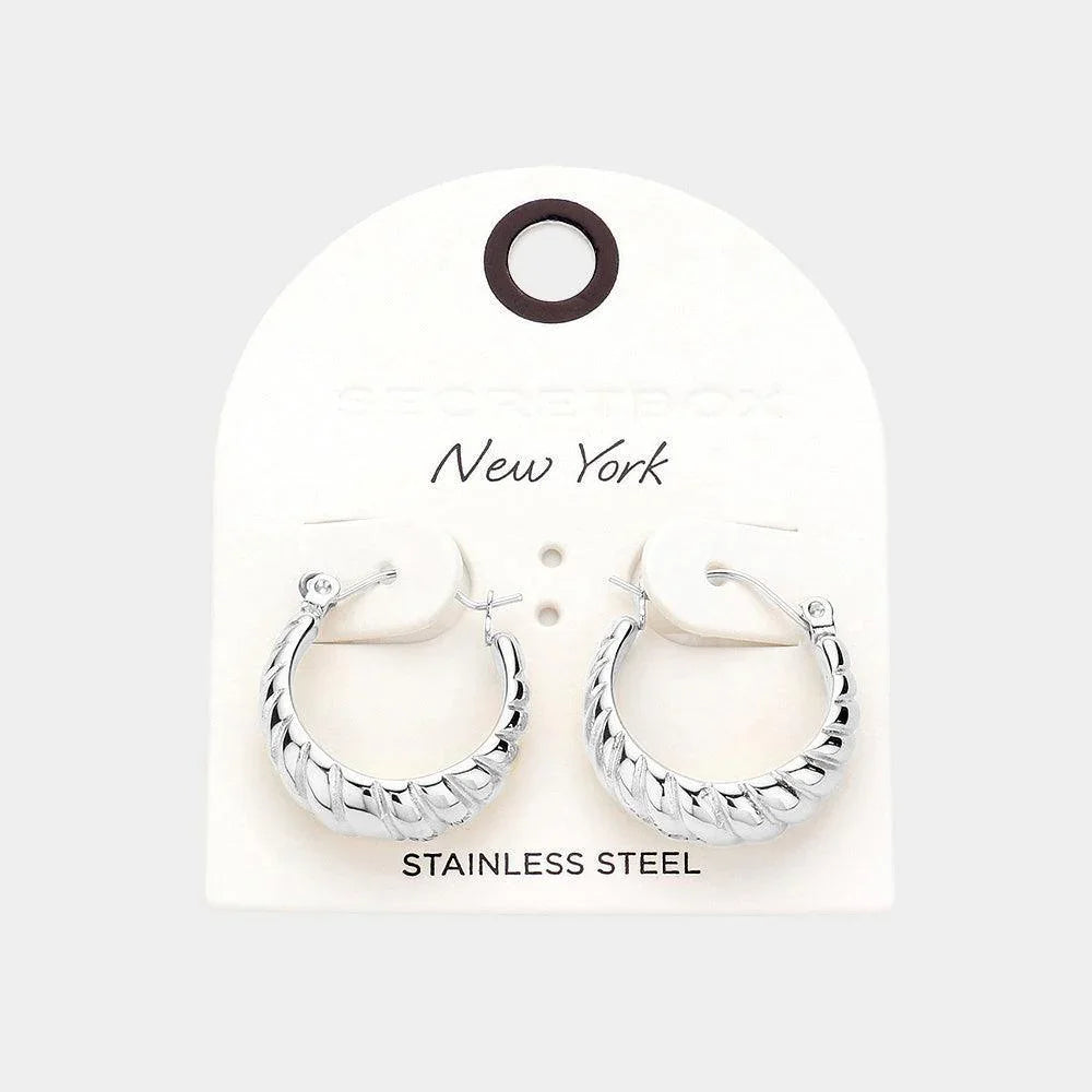 Textured Stainless Steel Hoop Pin Catch Earrings - Jewelry Store by Erik Rayo