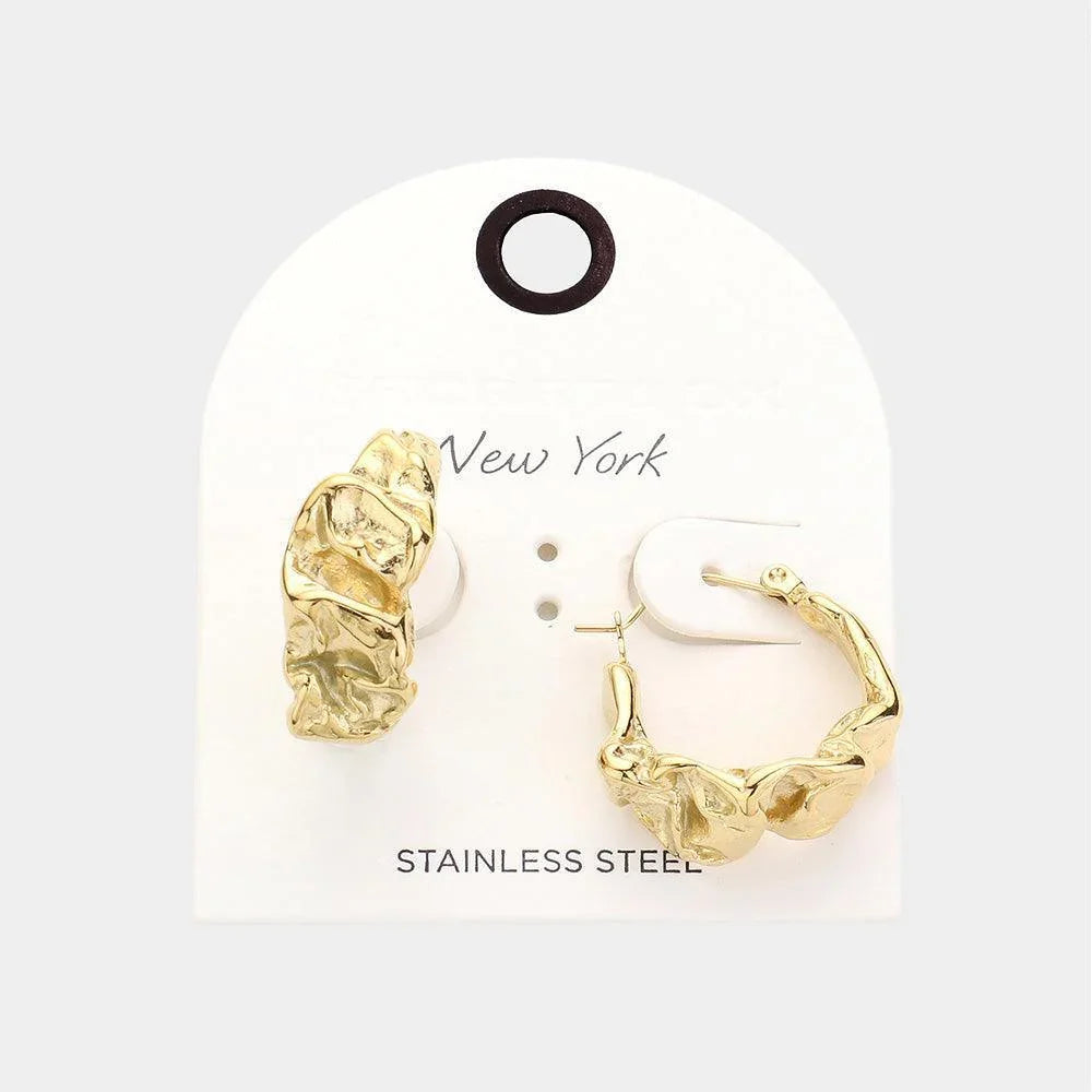 Gold Textured Stainless Steel Hoop Earrings