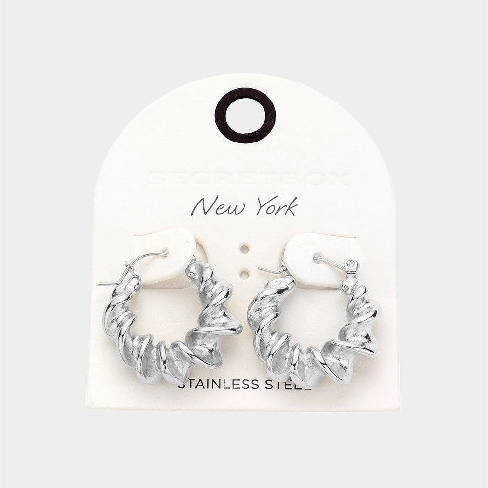 Spiral Stainless Steel Pin Catch Hoop Earrings