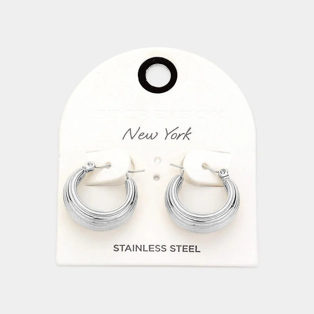 Textured Stainless Steel Pin Catch Hoop Earrings - Jewelry Store by Erik Rayo