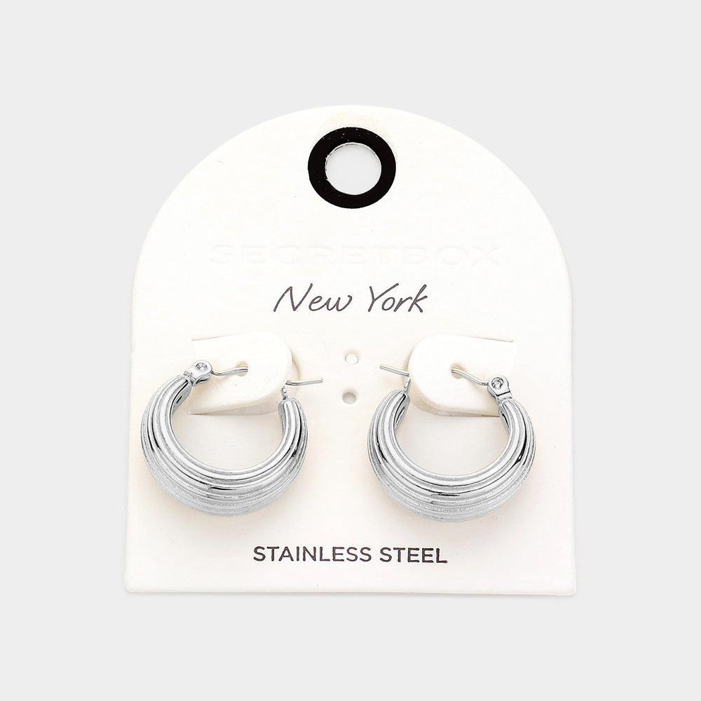 Textured Stainless Steel Pin Catch Hoop Earrings