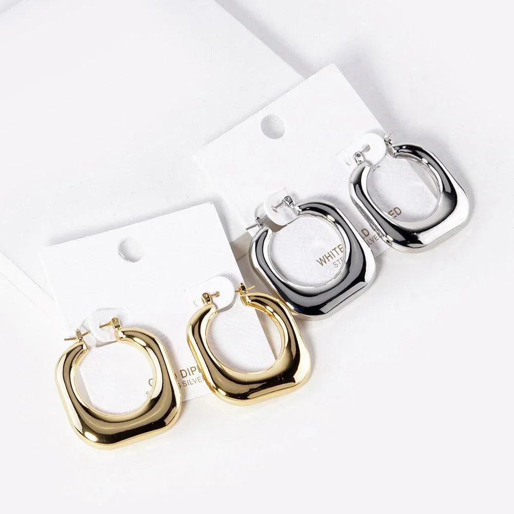 Silver White Gold Dipped Square Metal Hoop Pin Catch Earrings - Jewelry Store by Erik Rayo