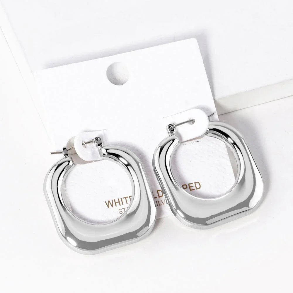 Silver White Gold Dipped Square Metal Hoop Pin Catch Earrings - Jewelry Store by Erik Rayo