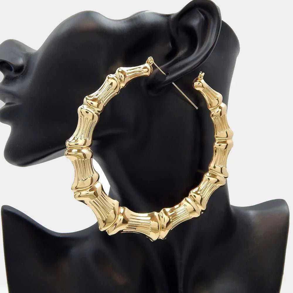 Gold Oversized Metal Bamboo Pin Catch Hoop Earrings - Jewelry Store by Erik Rayo