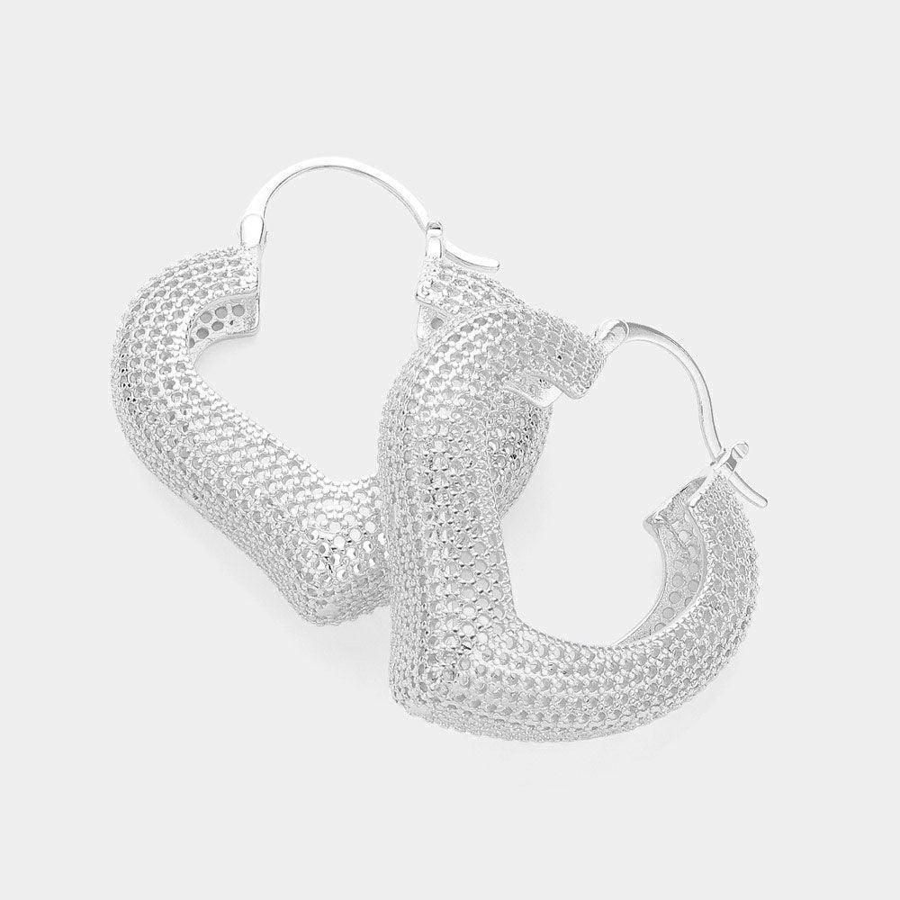 Silver Textured Metal Heart Hoop Pin Catch Earrings - Jewelry Store by Erik Rayo