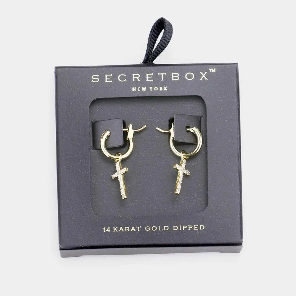 Gold Secret_Box - 14K Gold Dipped CZ Cross Drop Pin Catch Earrings - Jewelry Store by Erik Rayo