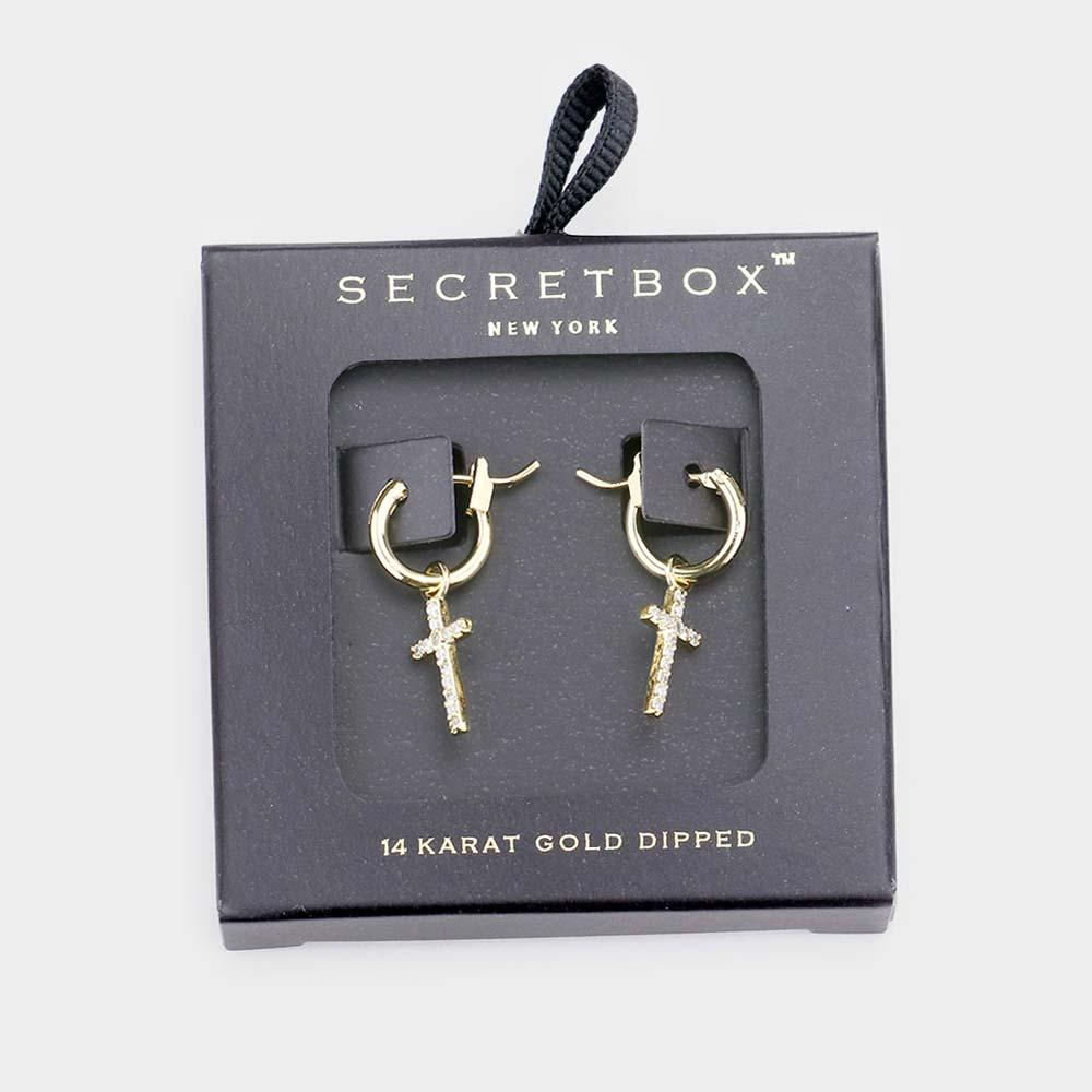 Gold Secret_Box - 14K Gold Dipped CZ Cross Drop Pin Catch Earrings