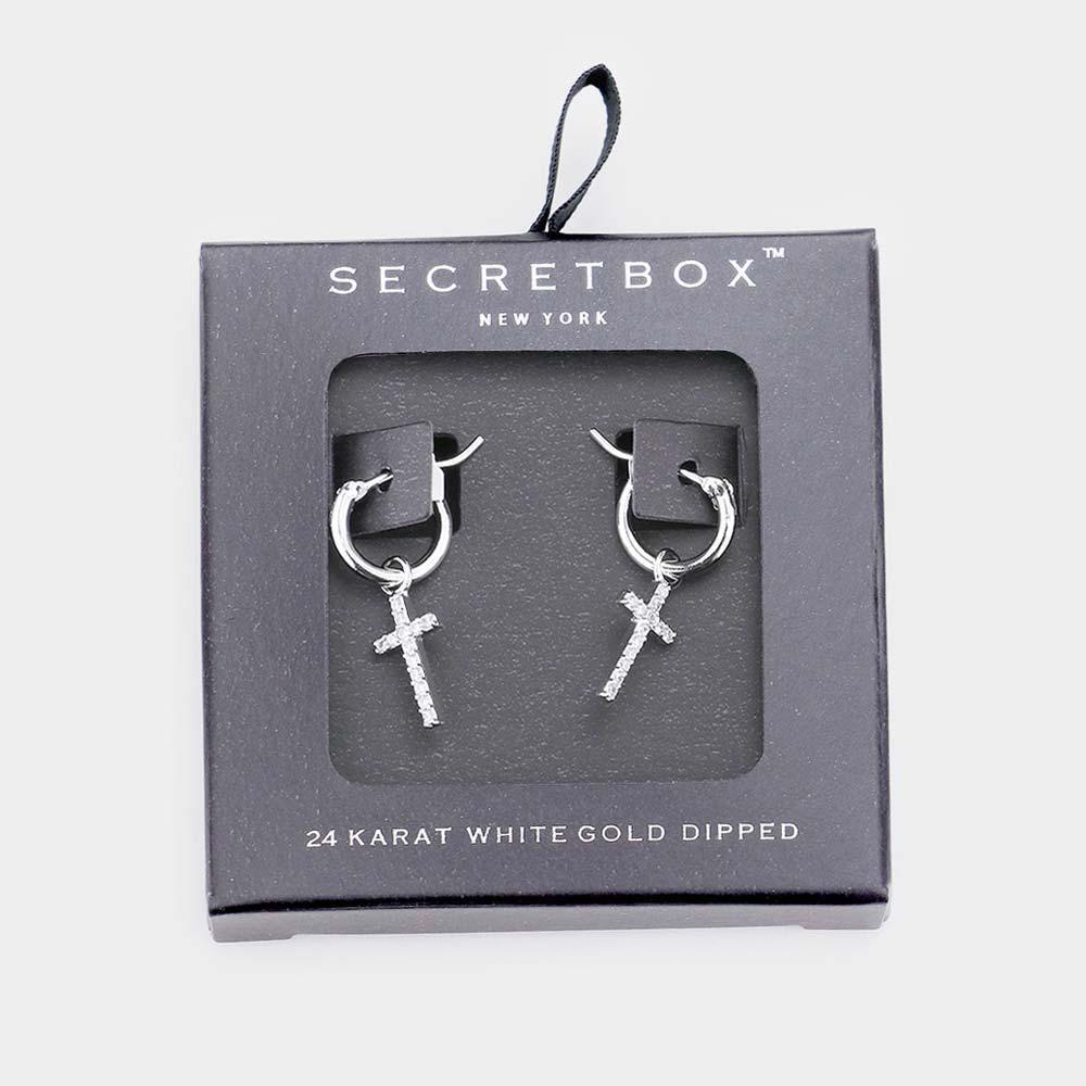 White Secret_Box - 24K White Gold Dipped CZ Cross Drop Pin Catch Earrings - Jewelry Store by Erik Rayo
