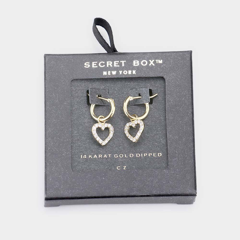 Gold Secret_Box - 14K Gold Dipped CZ Heart Drop Pin Catch Earrings - Jewelry Store by Erik Rayo