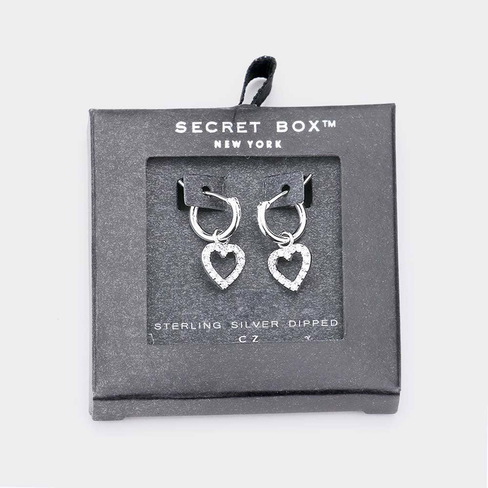 Silver Secret_Box - Sterling Silver Dipped CZ Heart Drop Pin Catch Earrings - Jewelry Store by Erik Rayo