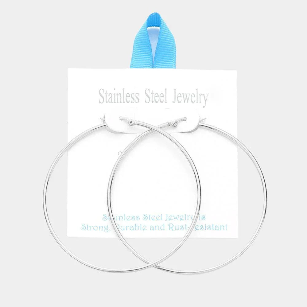Stainless Steel 2.75 Inch Metal Hoop Pin Catch Earrings - Jewelry Store by Erik Rayo