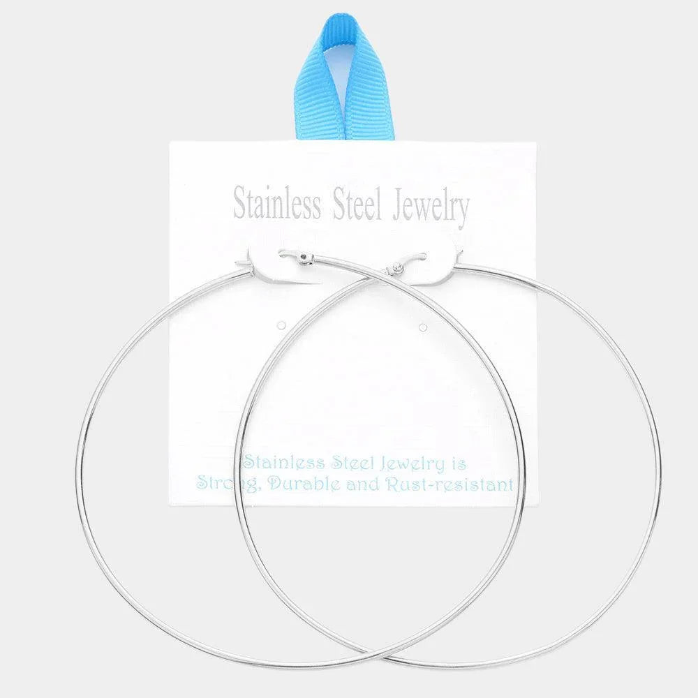 Stainless Steel 3.5 Inch Metal Hoop Pin Catch Earrings - Jewelry Store by Erik Rayo