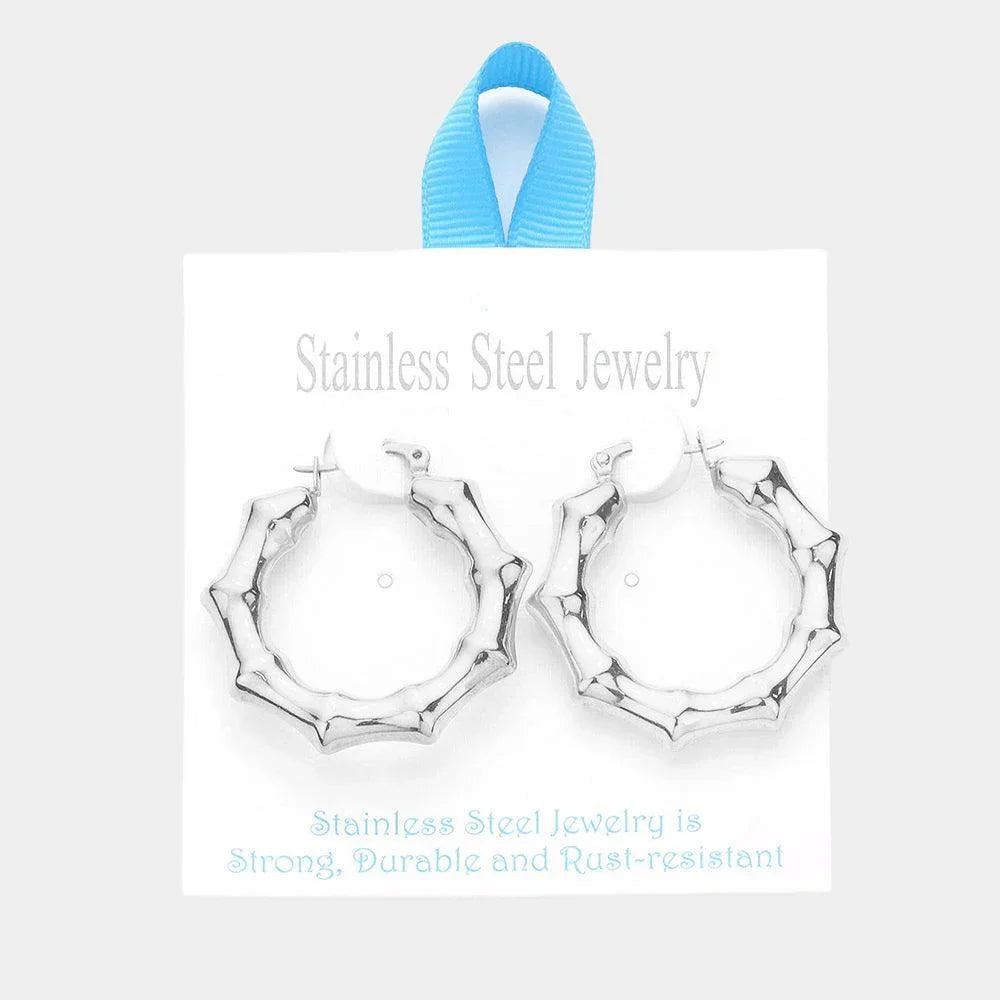 Stainless Steel 1.5 Inch Metal Bamboo Hoop Pin Catch Earrings - Jewelry Store by Erik Rayo