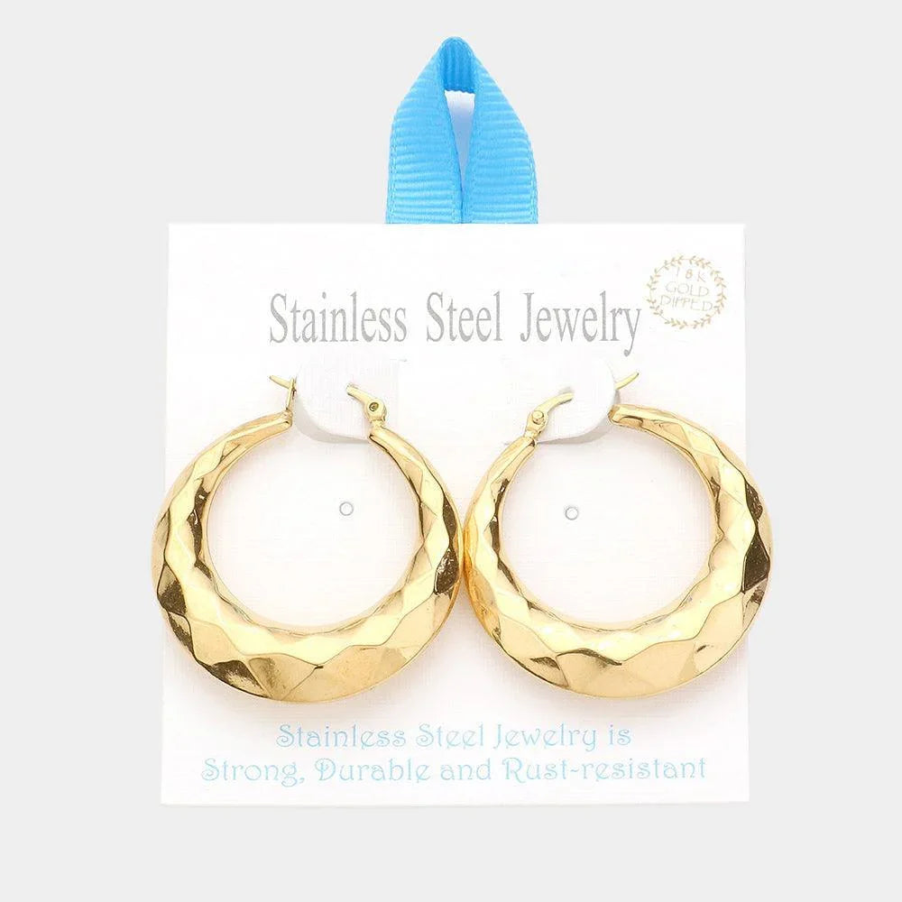 Gold 18K Gold Dipped Stainless Steel 1.6 Inch Textured Metal Hoop Pin Catch Earrings - Jewelry Store by Erik Rayo