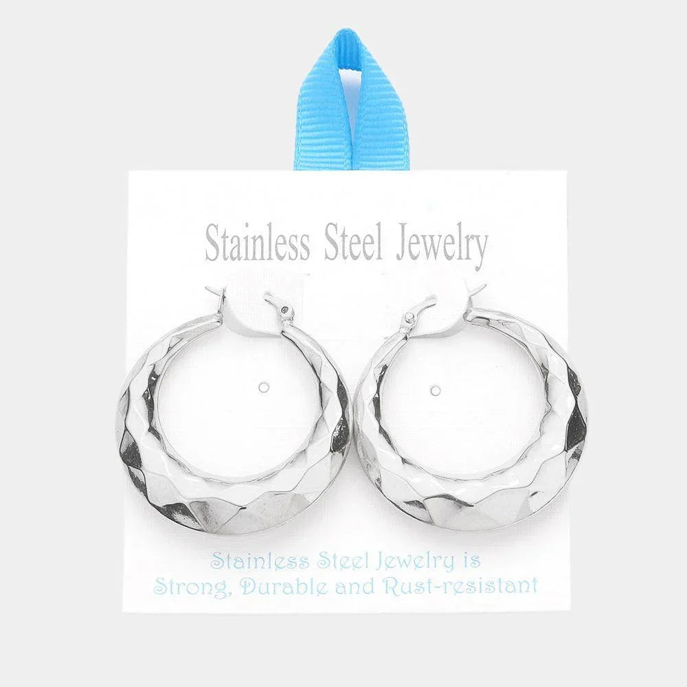 Stainless Steel 1.6 Inch Textured Metal Hoop Pin Catch Earrings - Jewelry Store by Erik Rayo