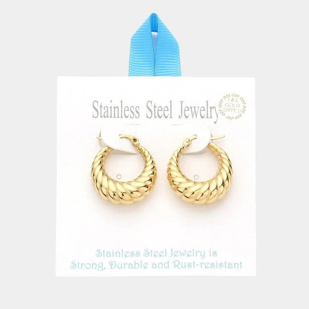 Gold 18K Gold Dipped Stainless Steel 1 Inch Textured Metal Hoop Pin Catch Earrings - Jewelry Store by Erik Rayo