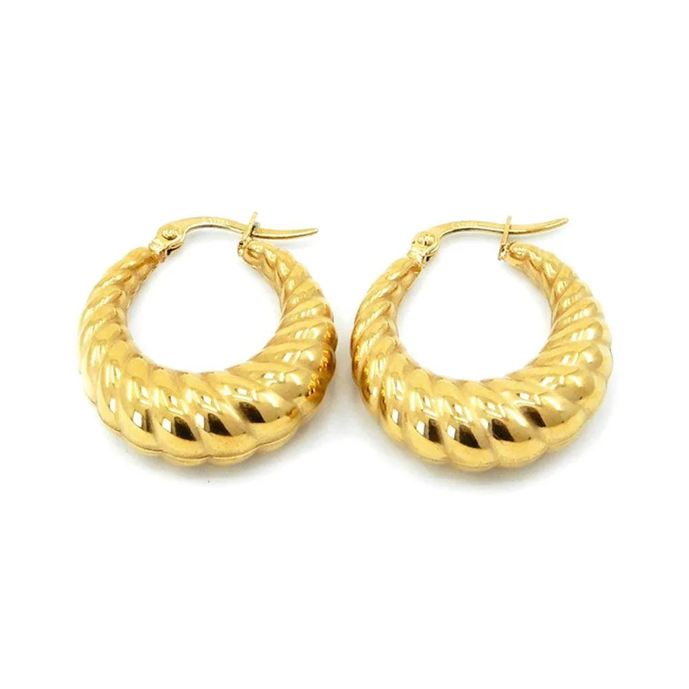 Gold 18K Gold Dipped Stainless Steel 1 Inch Textured Metal Hoop Pin Catch Earrings - Jewelry Store by Erik Rayo