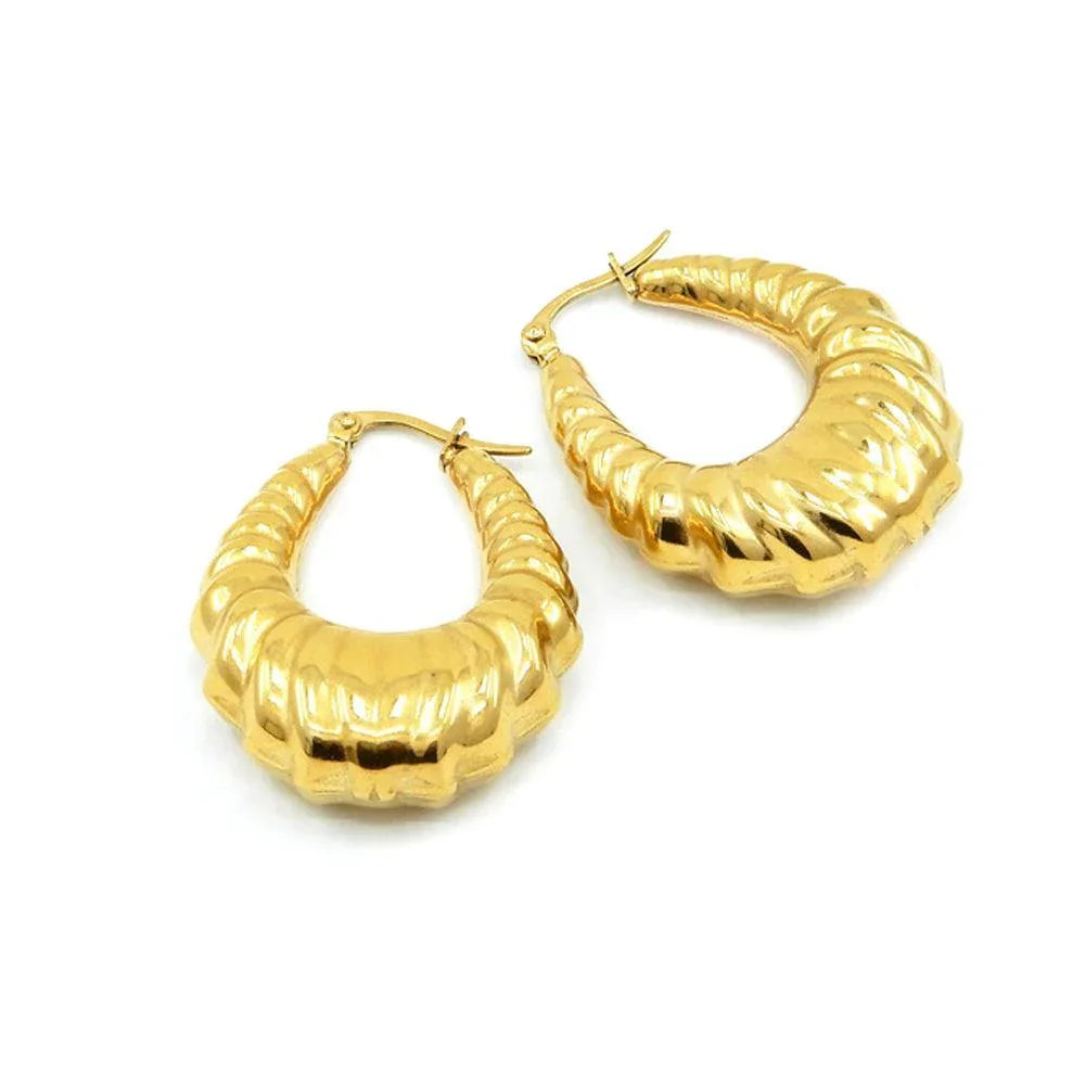 Gold 18K Gold Dipped Stainless Steel 1.5 Inch Textured Metal Teardrop Hoop Pin Catch Earrings - Jewelry Store by Erik Rayo