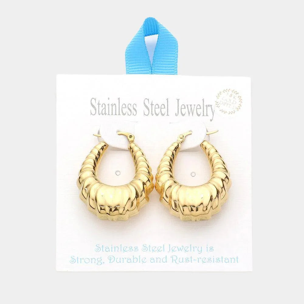 Gold 18K Gold Dipped Stainless Steel 1.5 Inch Textured Metal Teardrop Hoop Pin Catch Earrings - Jewelry Store by Erik Rayo