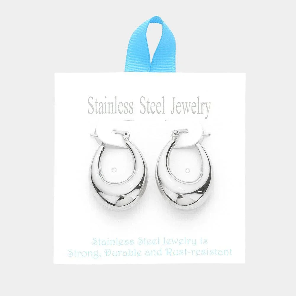 Stainless Steel 1.4 Inch Textured Metal Oval Hoop Pin Catch Earrings - Jewelry Store by Erik Rayo