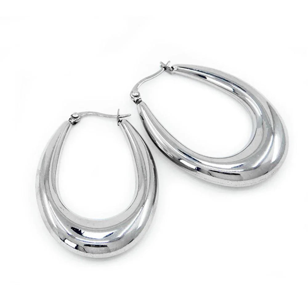 Stainless Steel 1.75 Inch Textured Metal Oval Hoop Pin Catch Earrings - Jewelry Store by Erik Rayo