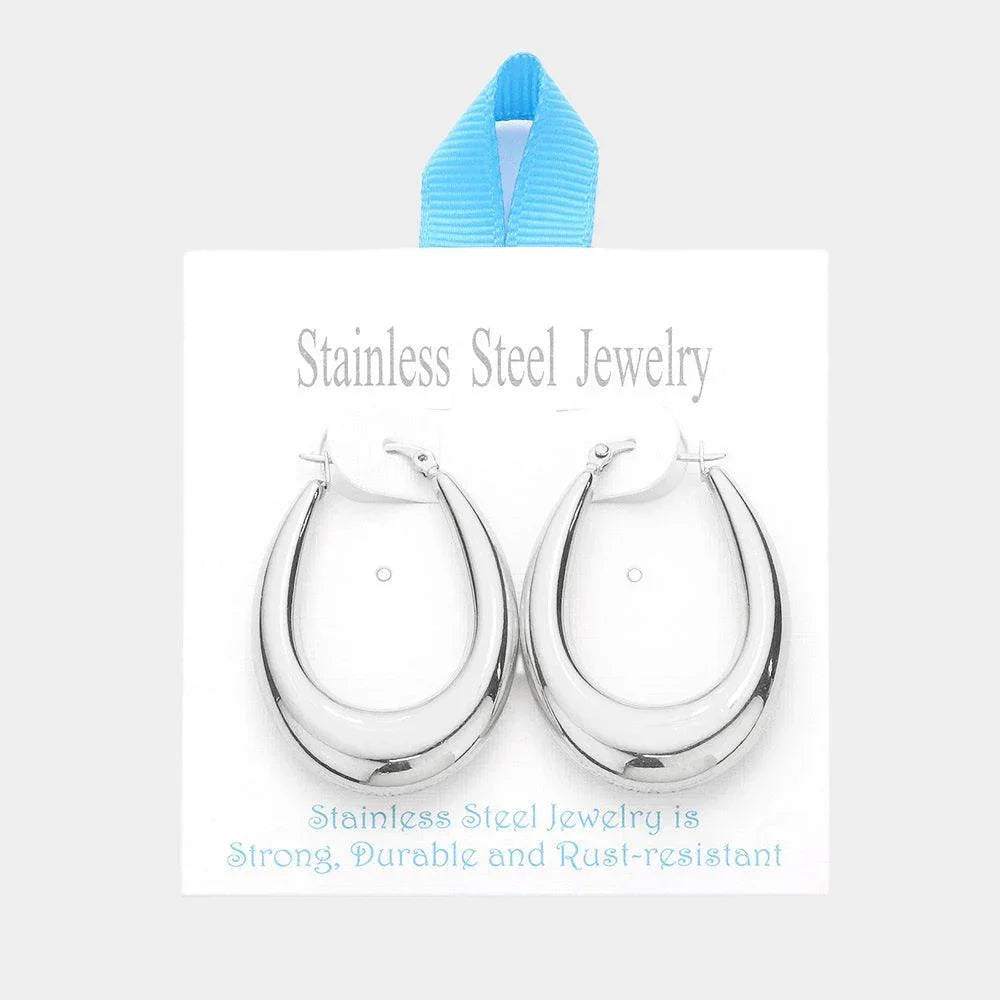 Stainless Steel 1.75 Inch Textured Metal Oval Hoop Pin Catch Earrings - Jewelry Store by Erik Rayo