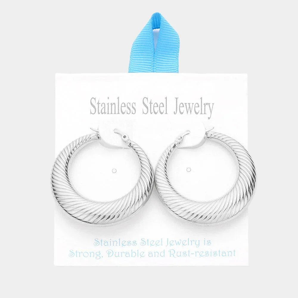 Stainless Steel 1.5 Inch Textured Metal Hoop Pin Catch Earrings - Jewelry Store by Erik Rayo