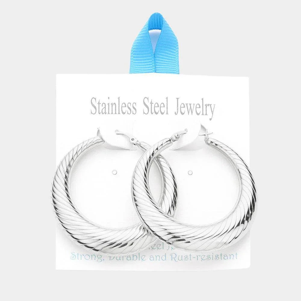 Stainless Steel 2 Inch Textured Metal Hoop Pin Catch Earrings - Jewelry Store by Erik Rayo