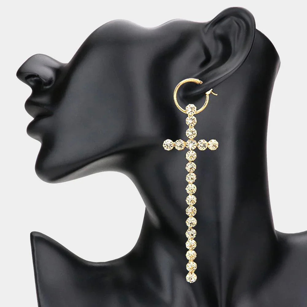 Gold Oversized Metal Hoop Crystal Cross Dangle Pin Catch Earrings - Jewelry Store by Erik Rayo