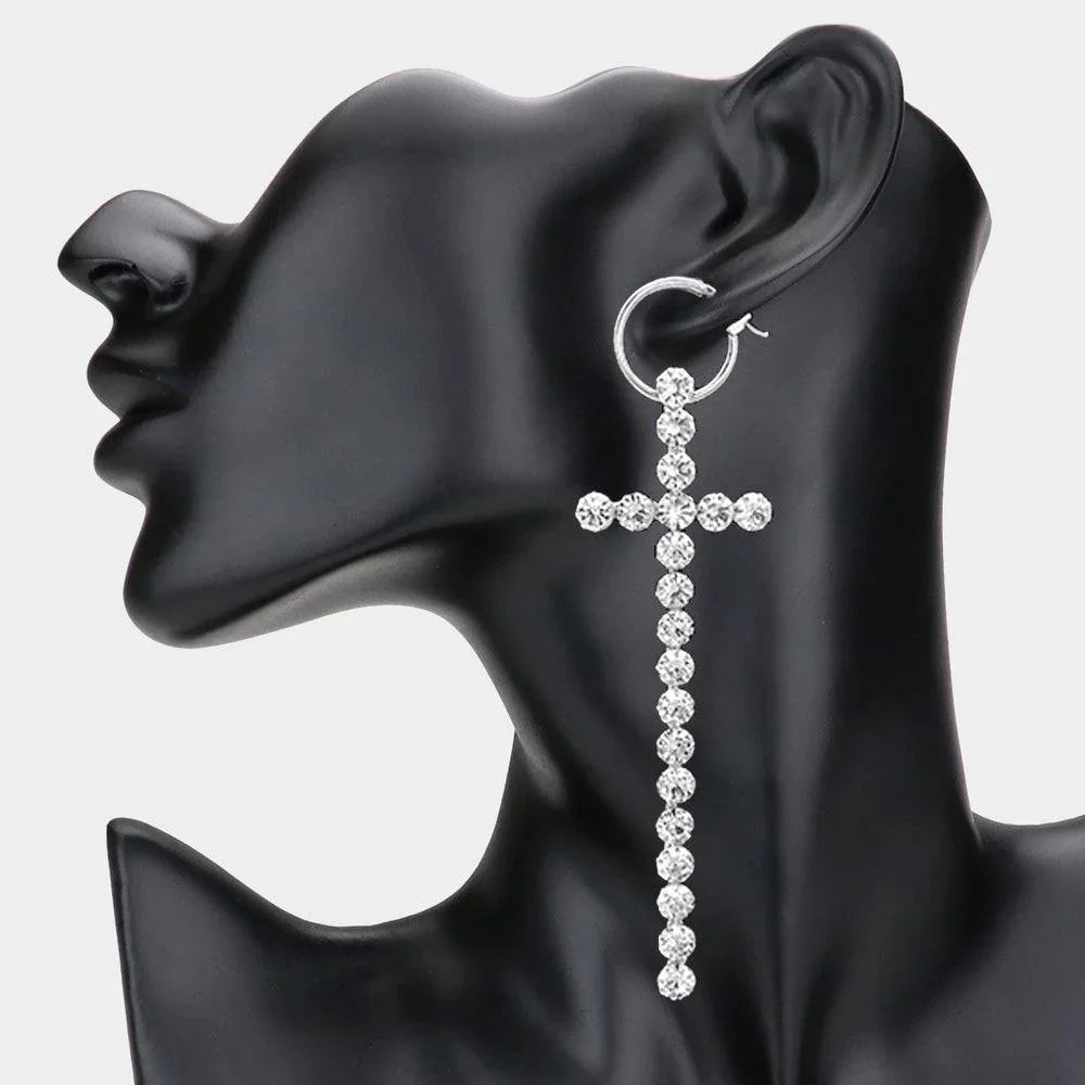 Clear Oversized Metal Hoop Crystal Cross Dangle Pin Catch Earrings - Jewelry Store by Erik Rayo