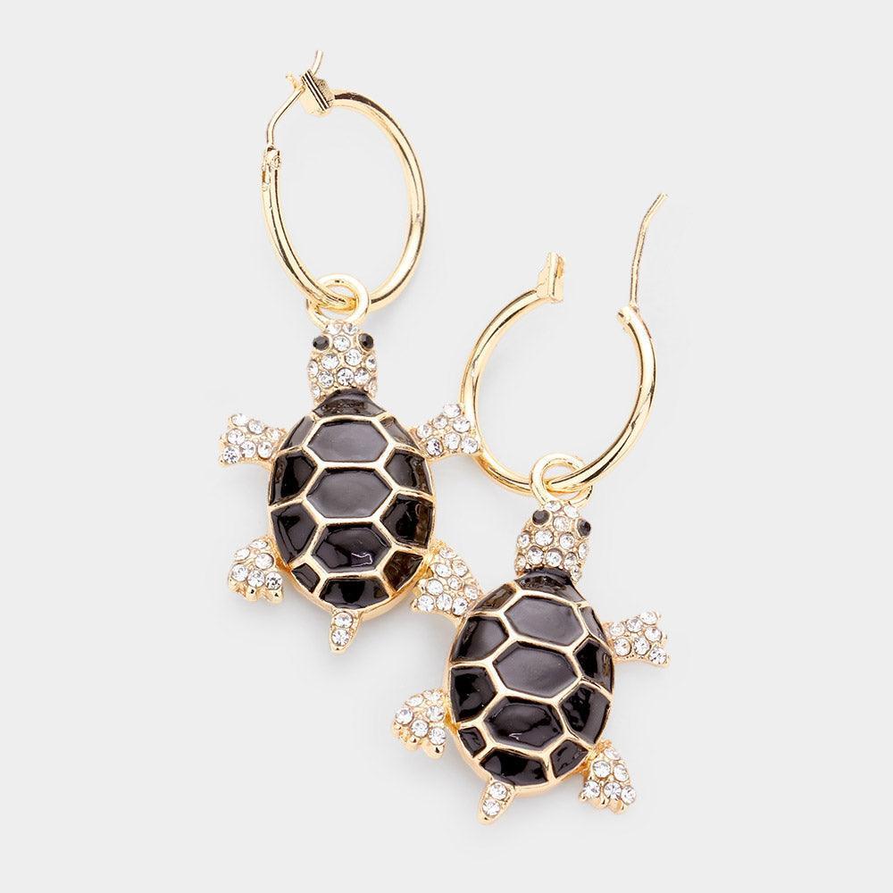Gold Enamel Turtle Dangle Pin Catch Earrings - Jewelry Store by Erik Rayo