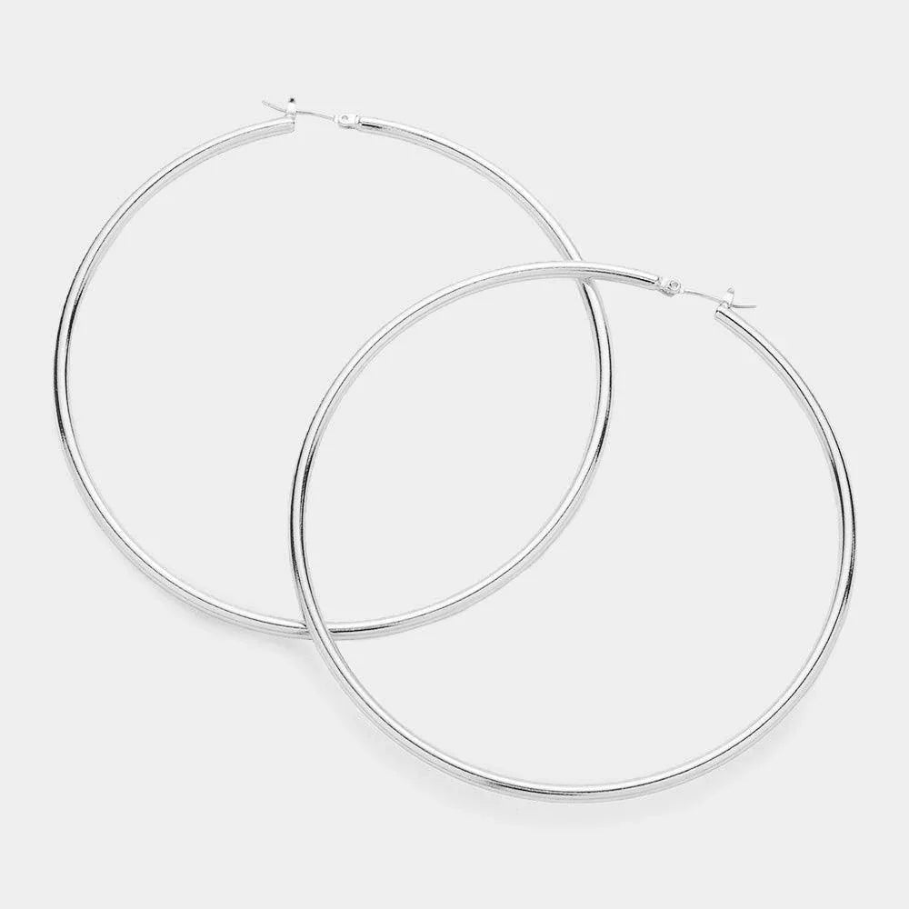 Silver White Gold Dipped 3 Inch Brass Metal Hoop Pin Catch Earrings - Jewelry Store by Erik Rayo