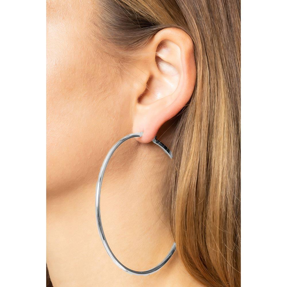 Silver White Gold Dipped 3 Inch Brass Metal Hoop Pin Catch Earrings - Jewelry Store by Erik Rayo