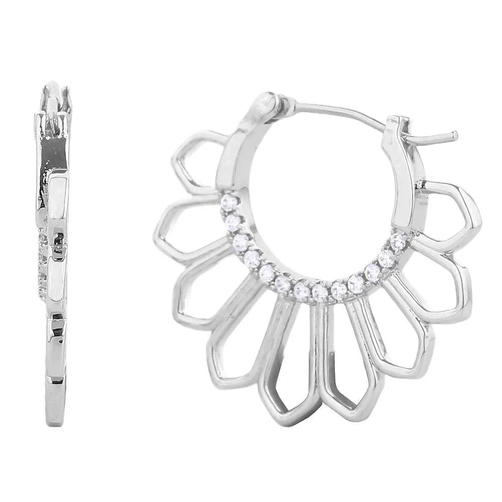 Silver White Gold Dipped CZ Stone Paved Abstract Hoop Pin Catch Earrings - Jewelry Store by Erik Rayo