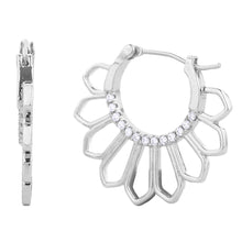 Load image into Gallery viewer, Silver White Gold Dipped CZ Stone Paved Abstract Hoop Pin Catch Earrings
