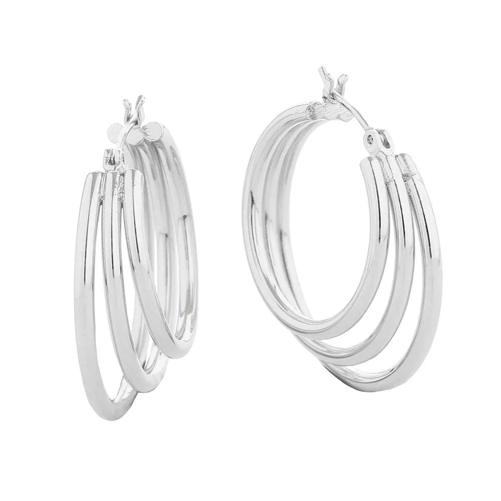 Silver White Gold Dipped Triple Hoop Pin Catch Earrings - Jewelry Store by Erik Rayo