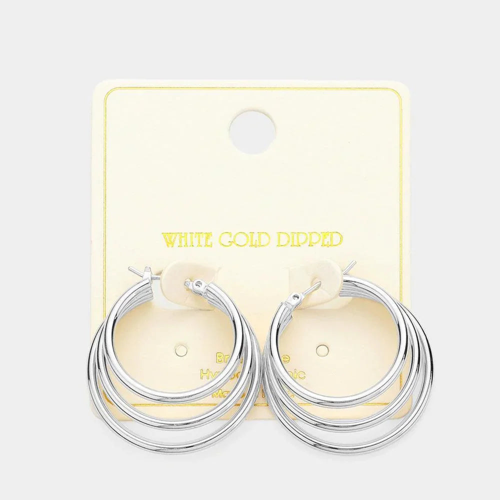 Silver White Gold Dipped Triple Hoop Pin Catch Earrings - Jewelry Store by Erik Rayo