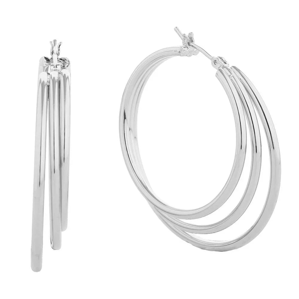 Silver White Gold Dipped Triple Hoop Pin Catch Earrings - Jewelry Store by Erik Rayo