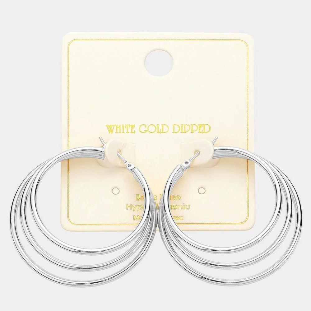 Silver White Gold Dipped Triple Hoop Pin Catch Earrings - Jewelry Store by Erik Rayo