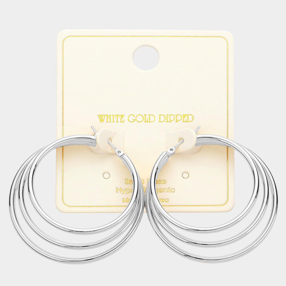 Silver White Gold Dipped Triple Hoop Pin Catch Earrings