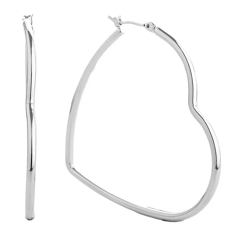 Silver White Gold Dipped Heart Hoop Pin Catch Earrings - Jewelry Store by Erik Rayo
