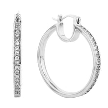 Load image into Gallery viewer, Silver White Gold Dipped CZ Stone Paved Metal Hoop Pin Catch Earrings
