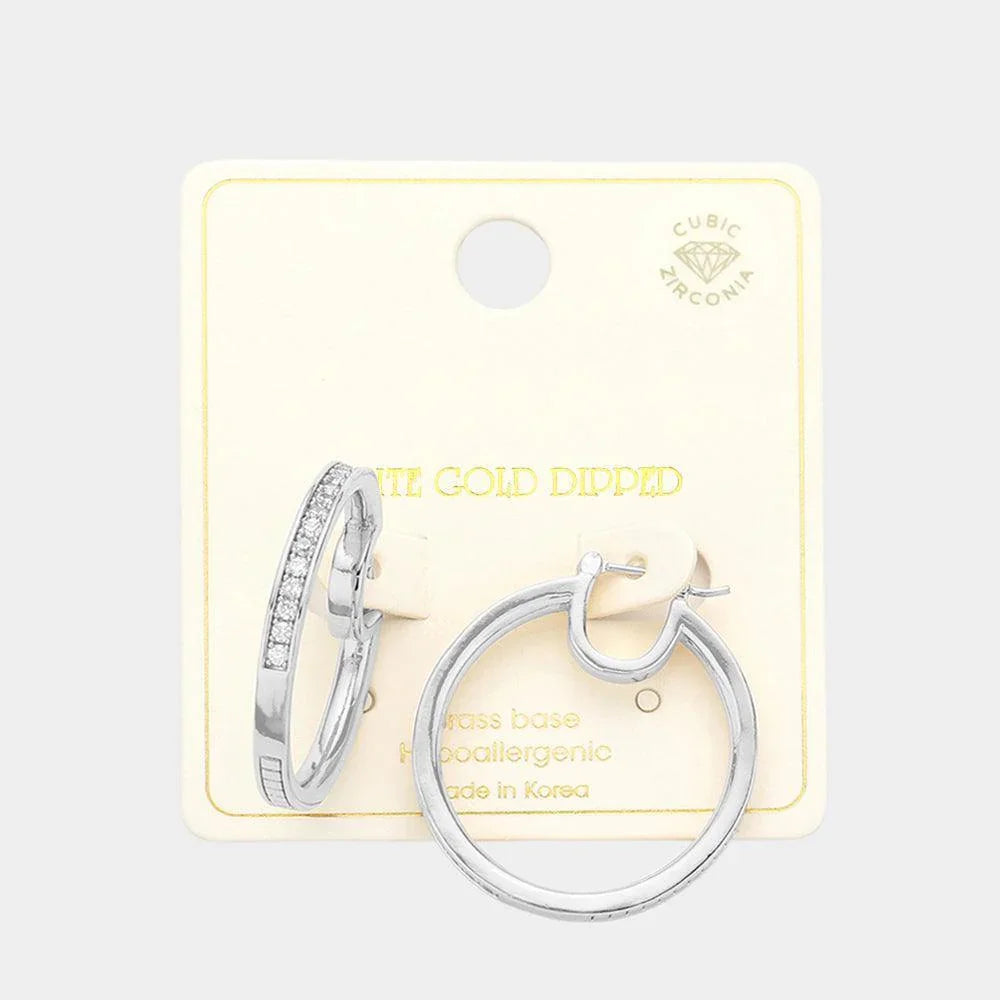 Silver White Gold Dipped CZ Stone Paved Metal Hoop Pin Catch Earrings - Jewelry Store by Erik Rayo