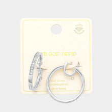 Load image into Gallery viewer, Silver White Gold Dipped CZ Stone Paved Metal Hoop Pin Catch Earrings
