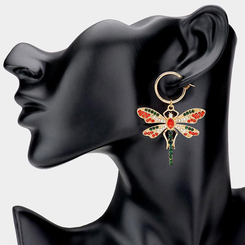 Gold Metal Hoop Rhinestone Embellished Dragonfly Dangle Pin Catch Earrings - Jewelry Store by Erik Rayo