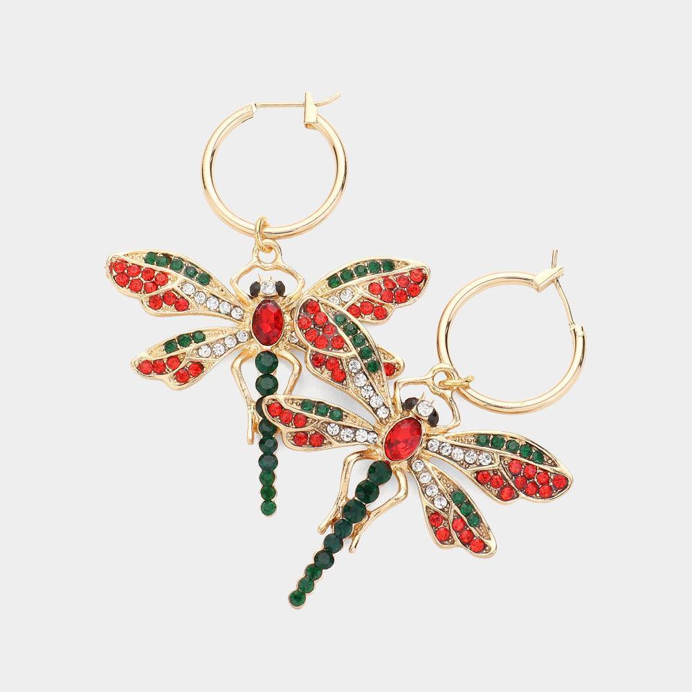 Gold Metal Hoop Rhinestone Embellished Dragonfly Dangle Pin Catch Earrings - Jewelry Store by Erik Rayo